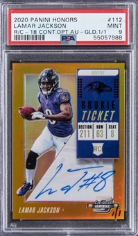 2020 Panini Honors Rookie Card Contenders Auto Gold #112 Lamar Jackson Signed Rookie Card (#1/1) - PSA MINT 9